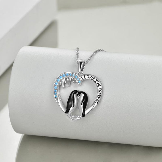 Sterling Silver I Love You Forever Heart Penguin Pendant Necklace